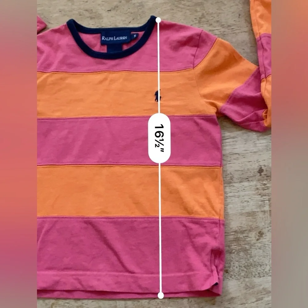 Ralph Lauren Girls’ Sz S Pink/Orange Stripe Crewneck Rugby Style Long Sleeve Top